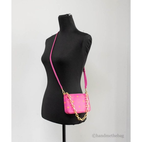 NEW MCM Color Splash Logo Fuchsia Pink Smooth Leather Mini Pouch Crossbody Bag - Picture 4 of 10